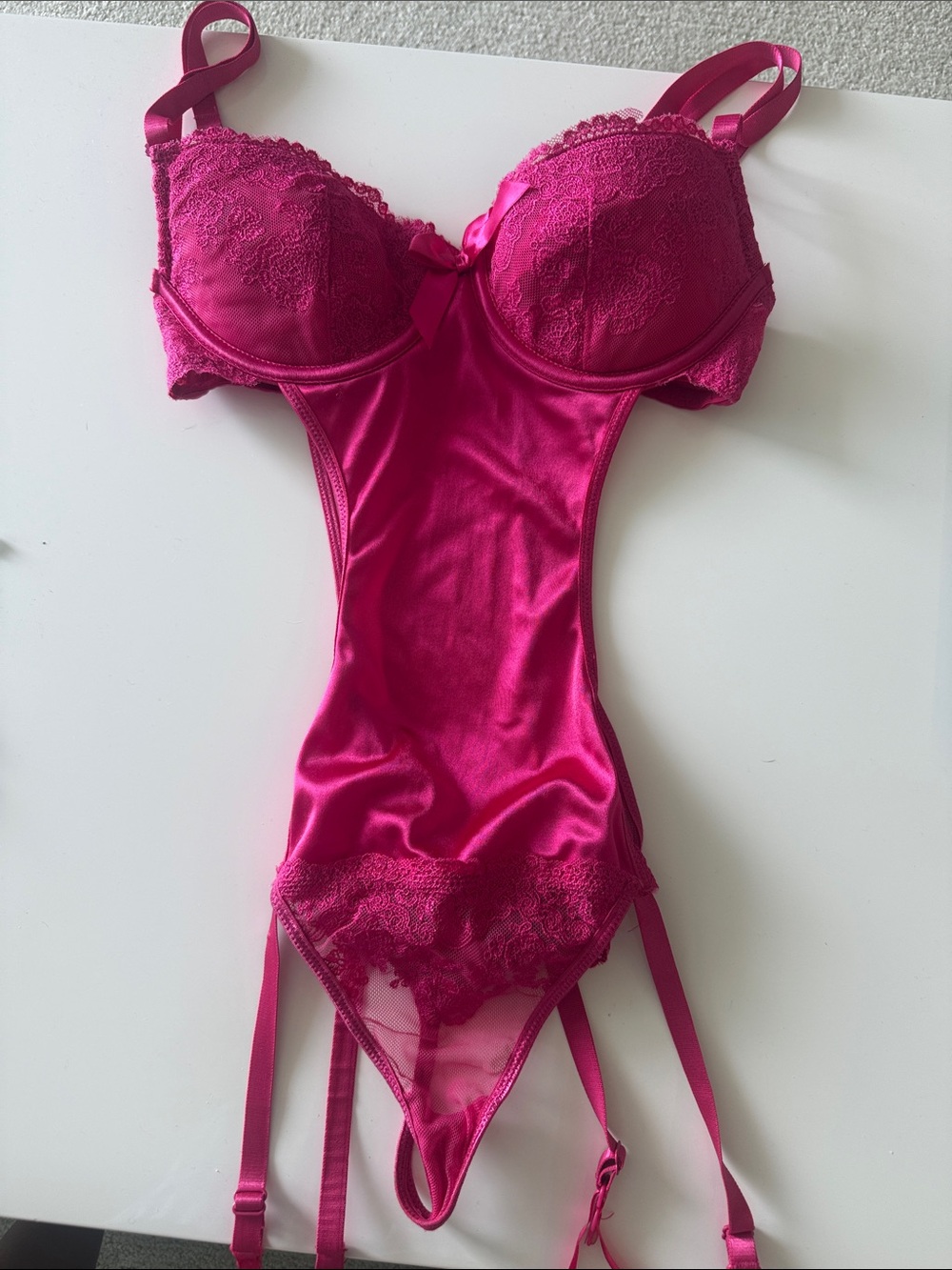 Women’s Fuchsia Lace Satin Bodysuit